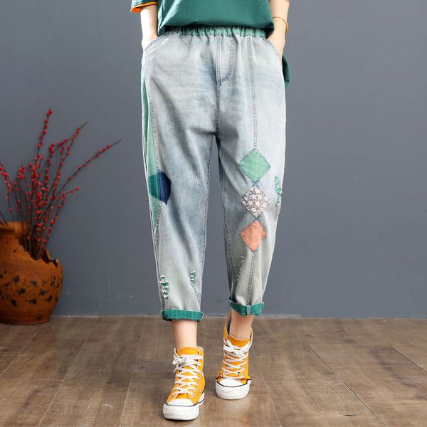 

jean arrival summer women elastic waist loose casual jeans vintage patchwork calf-length jean femme cotton denim harem pants s884 9mvv, Blue