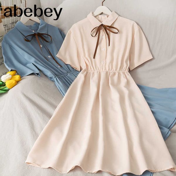 

dress women chiffon bow solid high waist turn-down collar preppy style kawaii ulzzang temperament girls summer holiday 210715, Black;gray