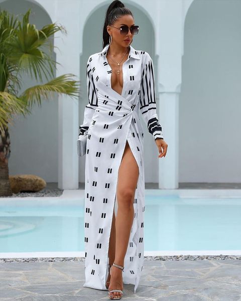 

fashion girl style women dresses long sleeve lapel printed open fork floor length, Black;gray