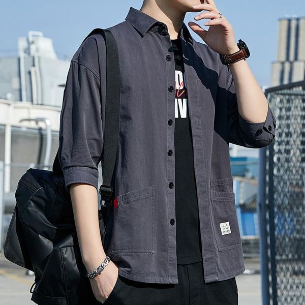 

men's casual shirts shirt 2021 youth summer three-quarter sleeve loose multi-pocket fashion camisas para hombre, White;black