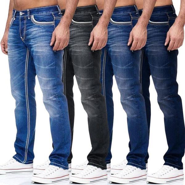 

men's jeans men solid pockets stretch straight pants denim smart casual trousers daily streetwear clothing, Blue