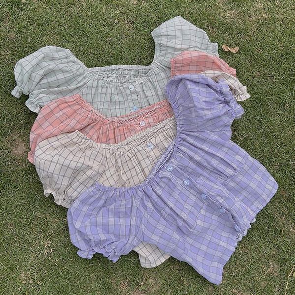 

plaid print simple wild womens shirt short sleeve fashion classic buttons basic for women, White