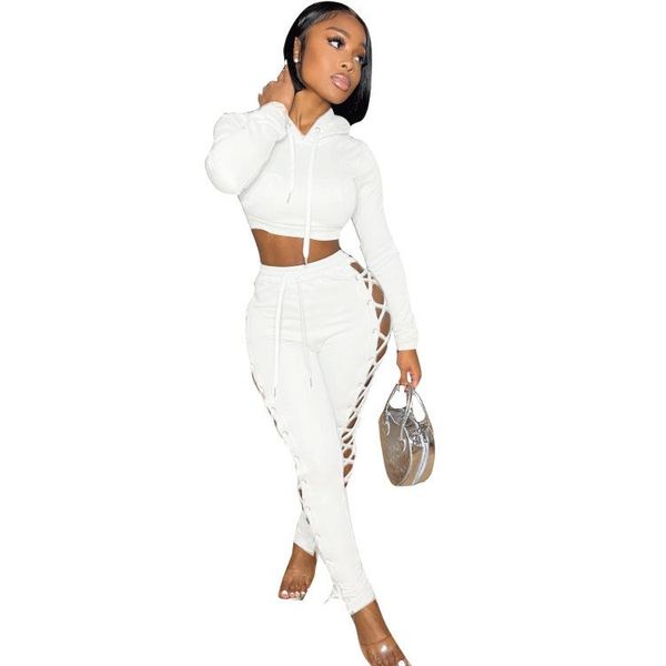 

women's two piece pants round hole temperament fashion long-sleeved shirt slim solid color hollow pencil suitable for nightclub party s, White