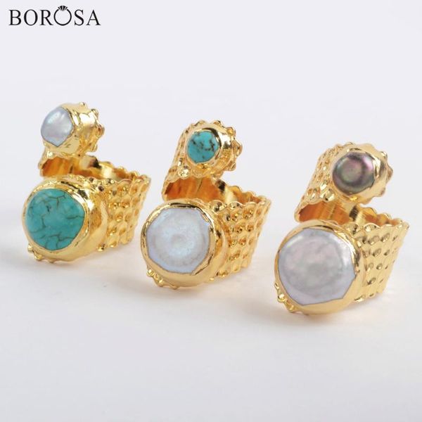 

cluster rings borosa 5pcs fashion gild natural white & black pearl wrap ring blue howlite bang women jewelry g1883, Golden;silver