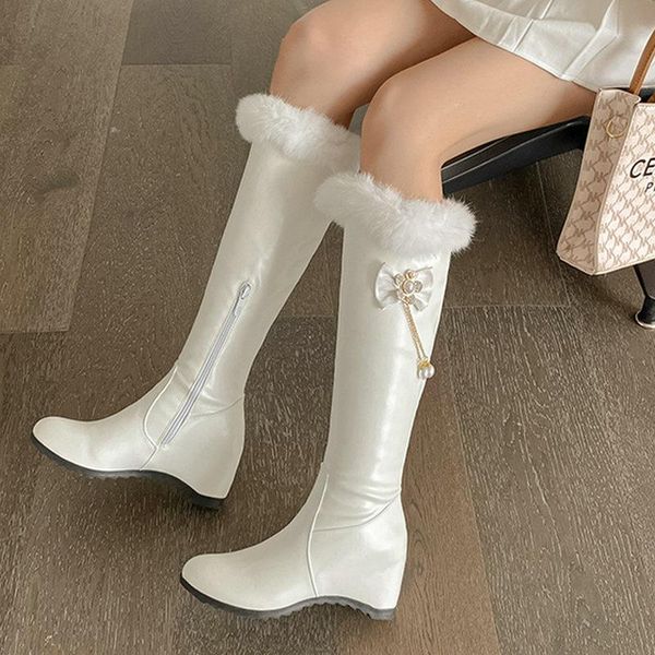 

boots women bowknot snow winter shoes warm fur knee high female non slip height increasing fashion lady long, Black