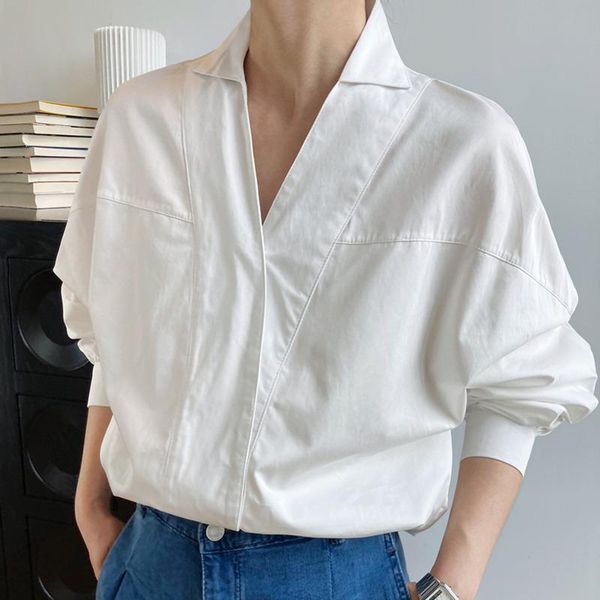 

women's blouses & shirts [ewq] korea chic autumn casual trend women v-neck pullover solid color blouse fashion loose bat sleeve shirt 2, White