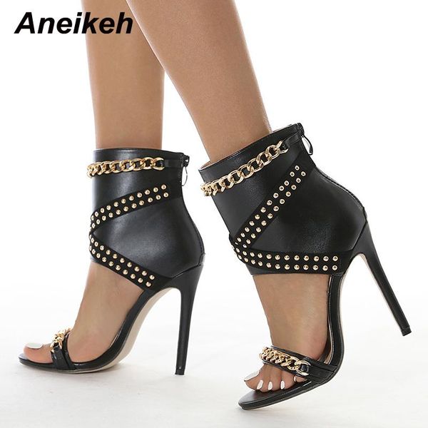 

sandals aneikeh summer platform high sandalias rivet metal chain shallow for women rome thin heels shoes 2021 design sense, Black
