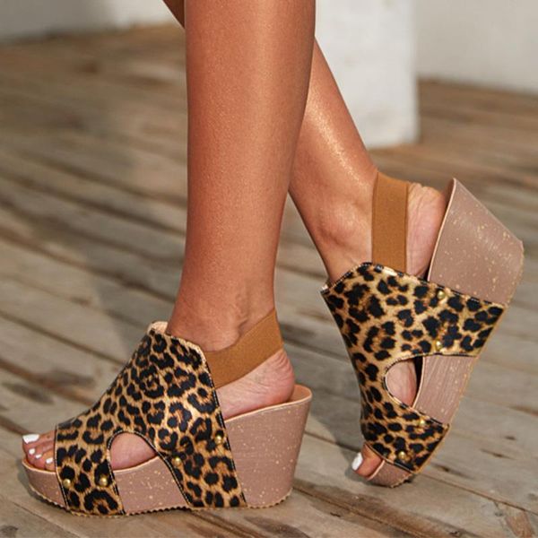 

women's sandals wedge platform peep toe ladies shoes back strap female retro leopard woman footwear plus size 2021 fashion dress, Black