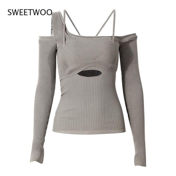 

women's sweaters hollow out gray knitting sweater loose fit slash neck long sleeve women pullovers fashion autumn winter 2021, White;black