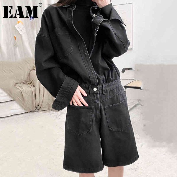 

[eam] loose fit women black denim big size rompers high waist pocket stitch pants fashion spring autumn 1dd5973 210512, Black;white