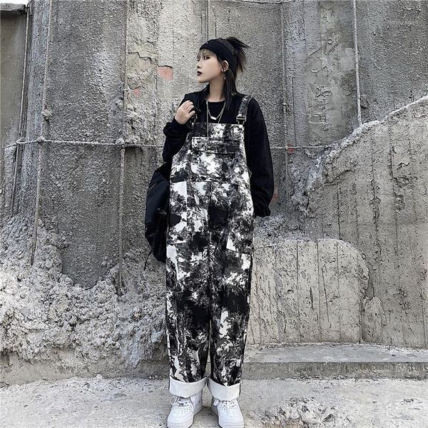 

overalls women grunge loose pockets trousers tie dye strap harajuku pants streetwear hip hop outfits women's & capris, Black;white