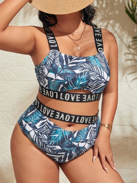 

plus tropical print letter tape high waisted bikini swimsuit 424s#, Black