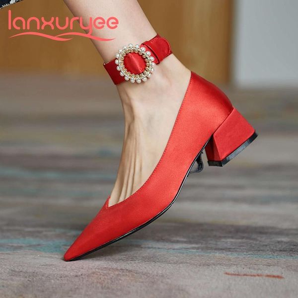 

dress shoes lanxuryee silk pointed toe med heel pearl decoration wedding shoe french romantic beauty lady evening party women pumps l13, Black