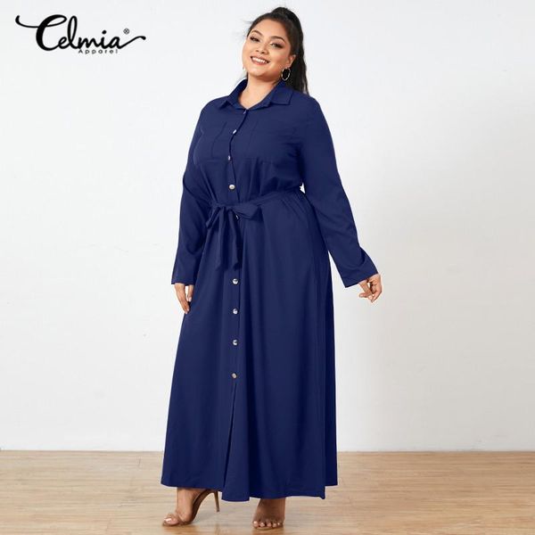 

plus size dresses women long robes autumn 2021 celmia elegant sleeve office lady buttons vestidos casual belted maxi shirt dress, Black