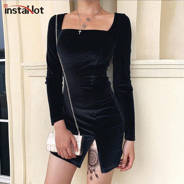 

casual dresses insta square neck velvet split dress elegant black long sleeve slim autumn women mini vintage cheongsam, Black;gray