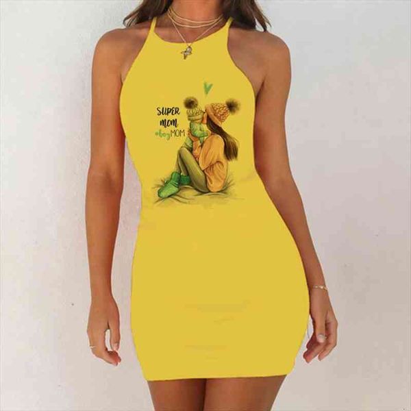 

cartoon super mom love print womens dresses clothes summer women strapless party bodycon o-neck mini yellow vestidos, Black;gray