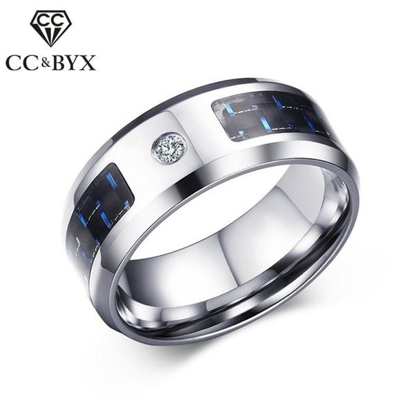 

wedding rings trendy jewelry for men and women stainless steel blue & black carbon fiber cubic zirconia ring bijoux homme 1299, Slivery;golden