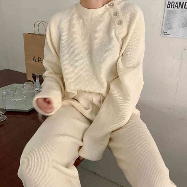 

sweater casual tracksuit two outfits for women long sleeve chic button and high waist drawstring ladies trousers piece sets cneu 4jvx, White;black