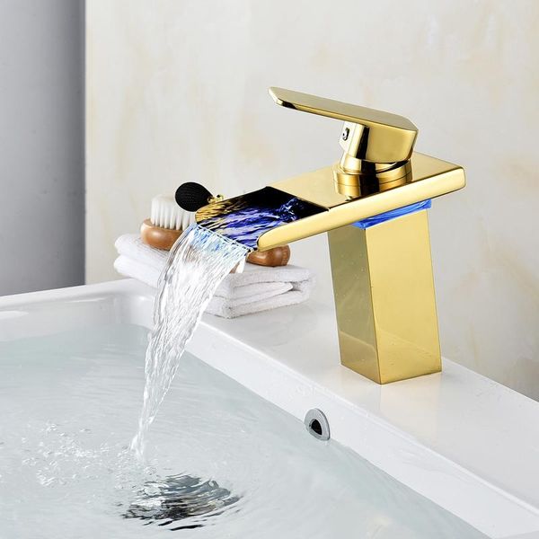 

bathroom sink faucets square led faucet basin brass gold/rose gold waterfall taps water power tap mixer torneira