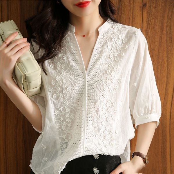 

women's blouses & shirts lamtrip sweet romantic 3d flower stitch v-nec kawaii lolita half sleeve mori girl shirt 2021 summer c, White