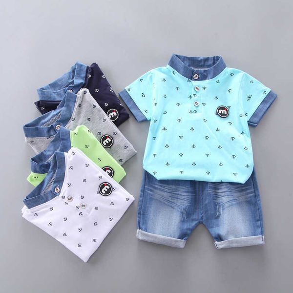 

new summer 0-4years infant baby boys girls clothes sets crown pattern print polo t-shirt + denim shorts kids casual outfits g1023, White