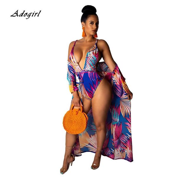 

boho leaf print lace up bodycon swimwear two piece set backless bandage bodysuit + long chiffon cape summer beach outfit women's tracks, Gray