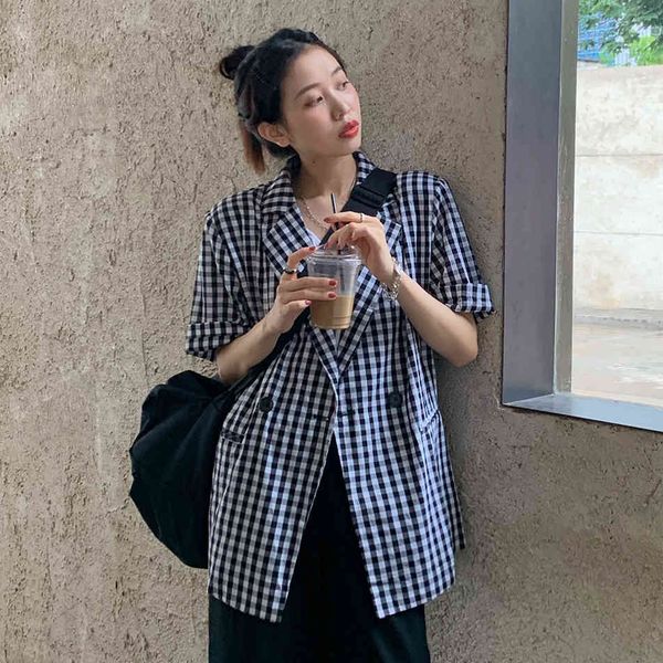 

black and white plaid double-breasted suit jacket women 210427, Black;brown