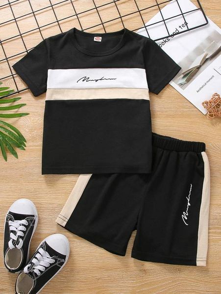 

toddler boys letter graphic colorblock tee & shorts she, White