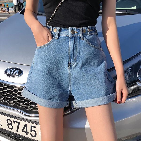

women's jeans denim shorts classic vintage high waist blue wide leg female caual elegant summer ladies black