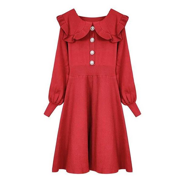 

perhaps u black red o neck long sleeve short mini dress ruffle button fit and flare elegant winter party knitted solid d1508 210529, Black;gray