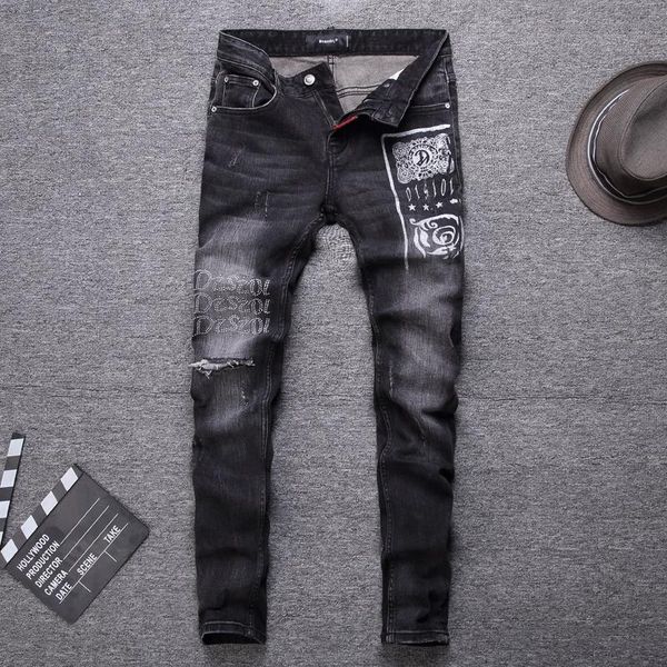 

men's jeans european street fashion men retro black gray slim ripped embroidery beading printed designer hip hop punk pants, Blue