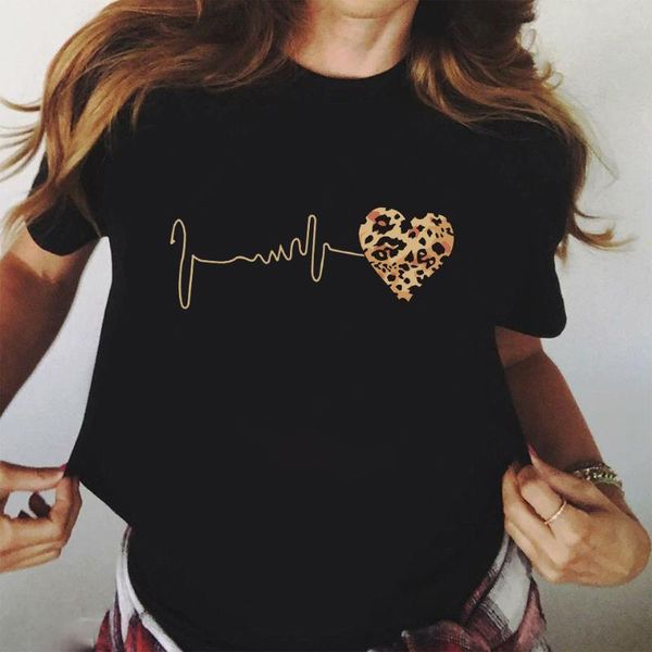

women's t-shirt 2021 short sleeve cotton t shirt female leopard heart print black shirts girls summer fashion clothes, White