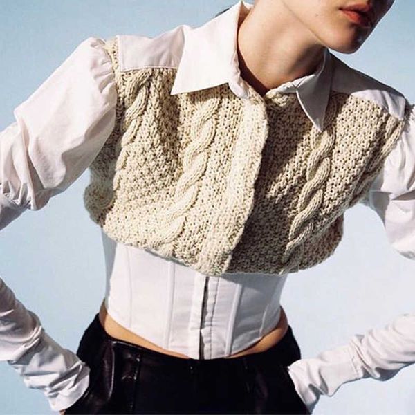 

brand women sweater patchwork blouses autumn casual woven twist wool stitching streetwear shirt puffy sleeve shirt women blusa 210709, White