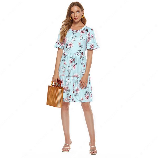 

charming dresses 2021 spring and summer casual french women's pullover round ne skirt short sleeve printed floral, Black;gray