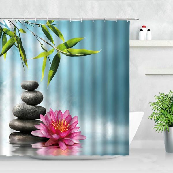 

spa water zen shower curtains polyester waterproof bathroom curtain set stone pink flower green bamboo leaves hooks decor