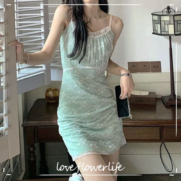 

elegant vintage dress women lace folds slim mini camisole dress evening party summer dress korea kawaii thin 210521, Black;gray