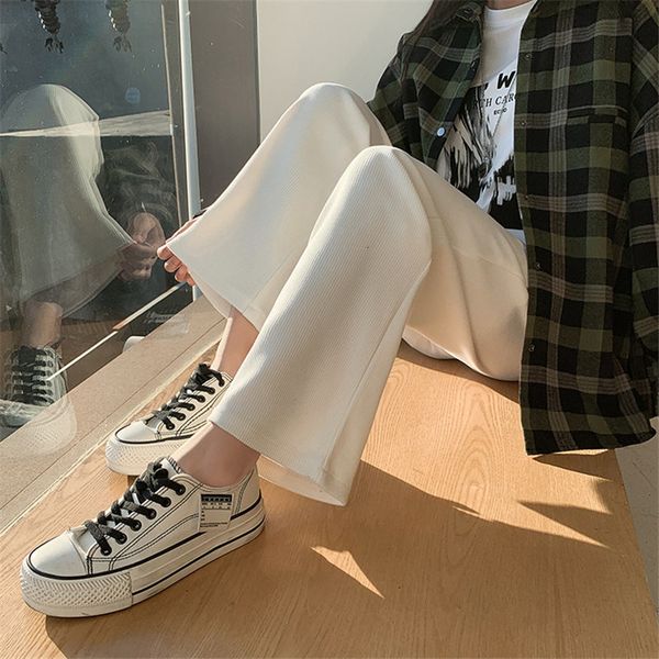 

women's pants & capris hzirip chic comfortable the whole game oversize korean femme slacks with solid long legs, casual velvet straight, Black;white