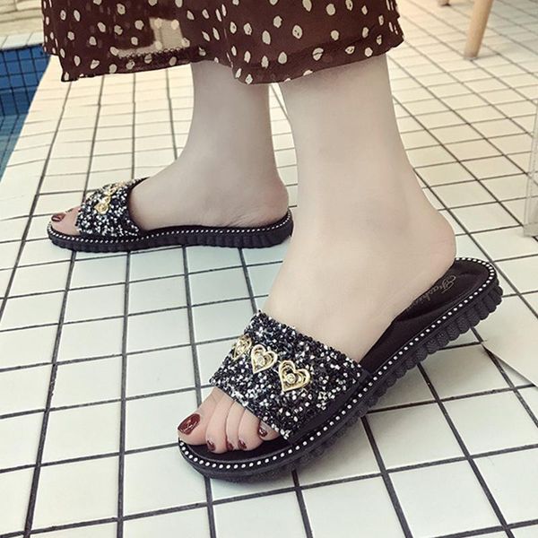 

slippers ghjiol sequins women sandals summer flat beach shoe ladies shoes casual flip flops, Black