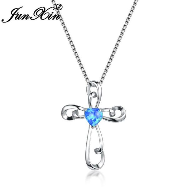 

pendant necklaces junxin blue white fire opal heart for women silver color boho cross female wedding jewelry gifts
