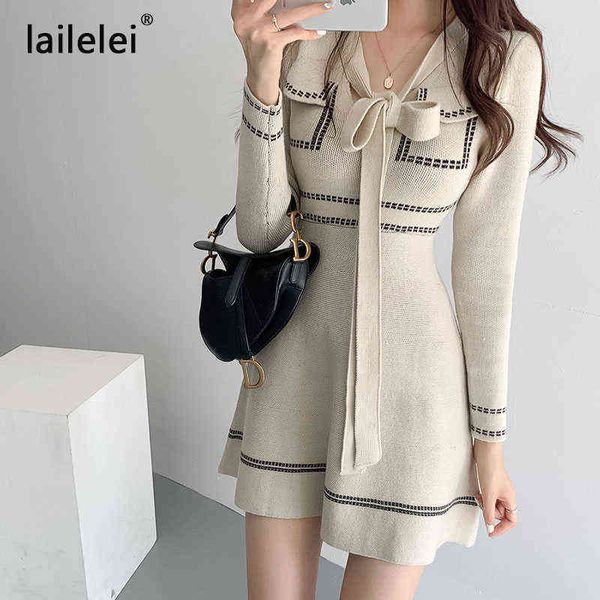 

bow knitted mini dress long sleeve a line sweater vestido corto elegant vintage winter black office korean runway fall 2020 robe g1214, Black;gray
