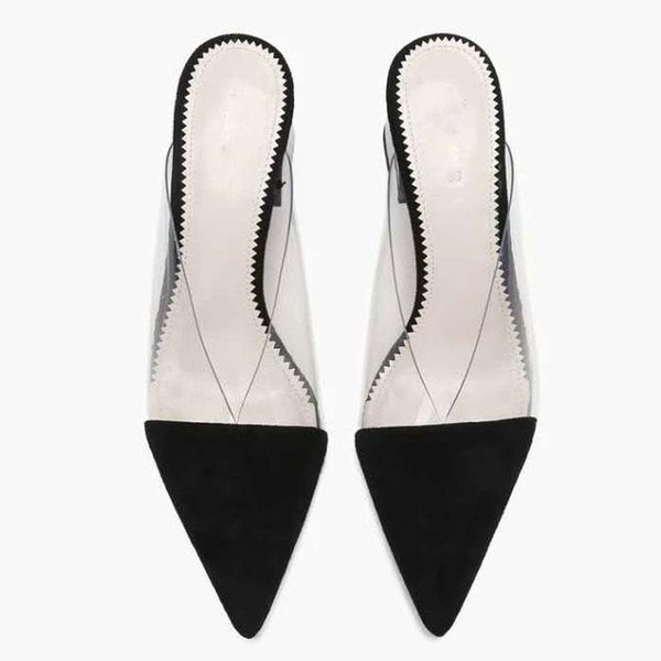 

summer women slippers ladies pointed toe transparent thick high heels mules slide outdoor party shoe, Black