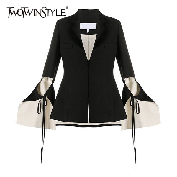 

hollow out black blazer for women notched flare long sleeve lace up bowknot solid blazers female fashion 210524, White;black