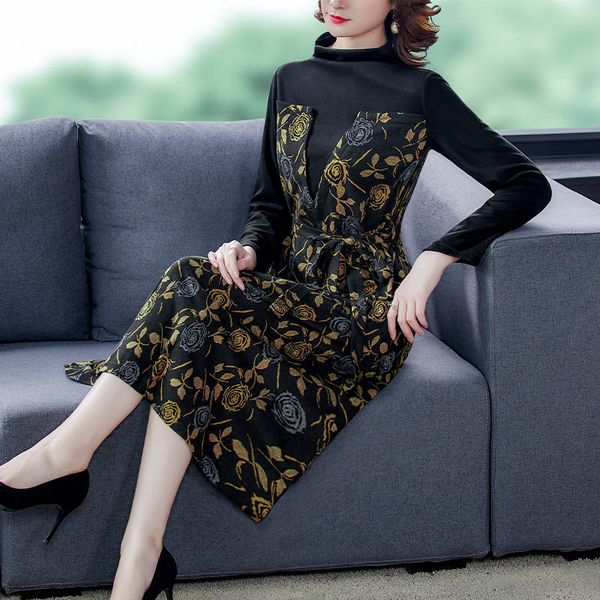 

dressed female floral autumn and winter high-end temperament printed ladies'mango shreds dress long chic k1312 ud9o, Black;gray