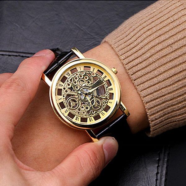 

wristwatches simple men quartz hollow out watch luxury stainless steel case business military sports clock reloj hombre c258, Slivery;brown