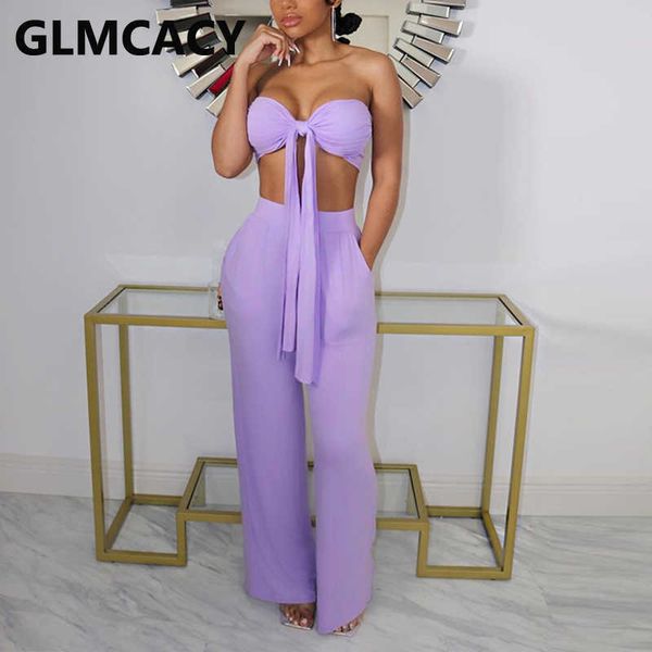 

women two piece pants set tied tube & solid regular long pants suits streetwear 210702, White