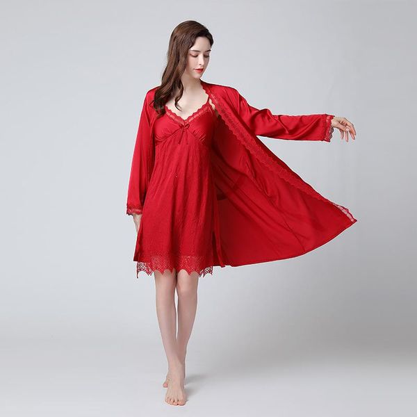 

women's sleepwear baldauren pajamas women summer ice ribbon breast pad nightgown two-piece lace silk satin suspender nightdress spring, Black;red