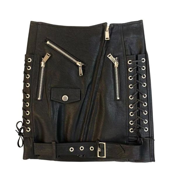 

skirts 2021 multi-zip straps decorative bag hip slim leather skirt, Black