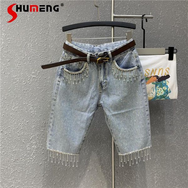 

women's jeans 2021 summer ladies fashion embroidery drilling fifth women solid tassel diamond burr straight middle denim pants, Blue
