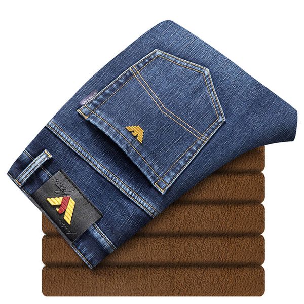 

jeans katoen winter men slim fit business fashion thicken denim man broek fleece stretch, Blue