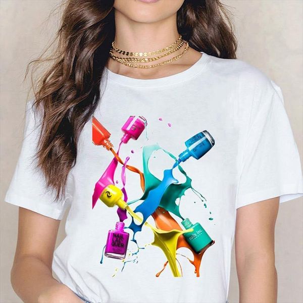 

summer vogue rainbow nail mens and womens polish print tee harajuku aesthetic streetwear clothes ulzzang vintage t female, White;black